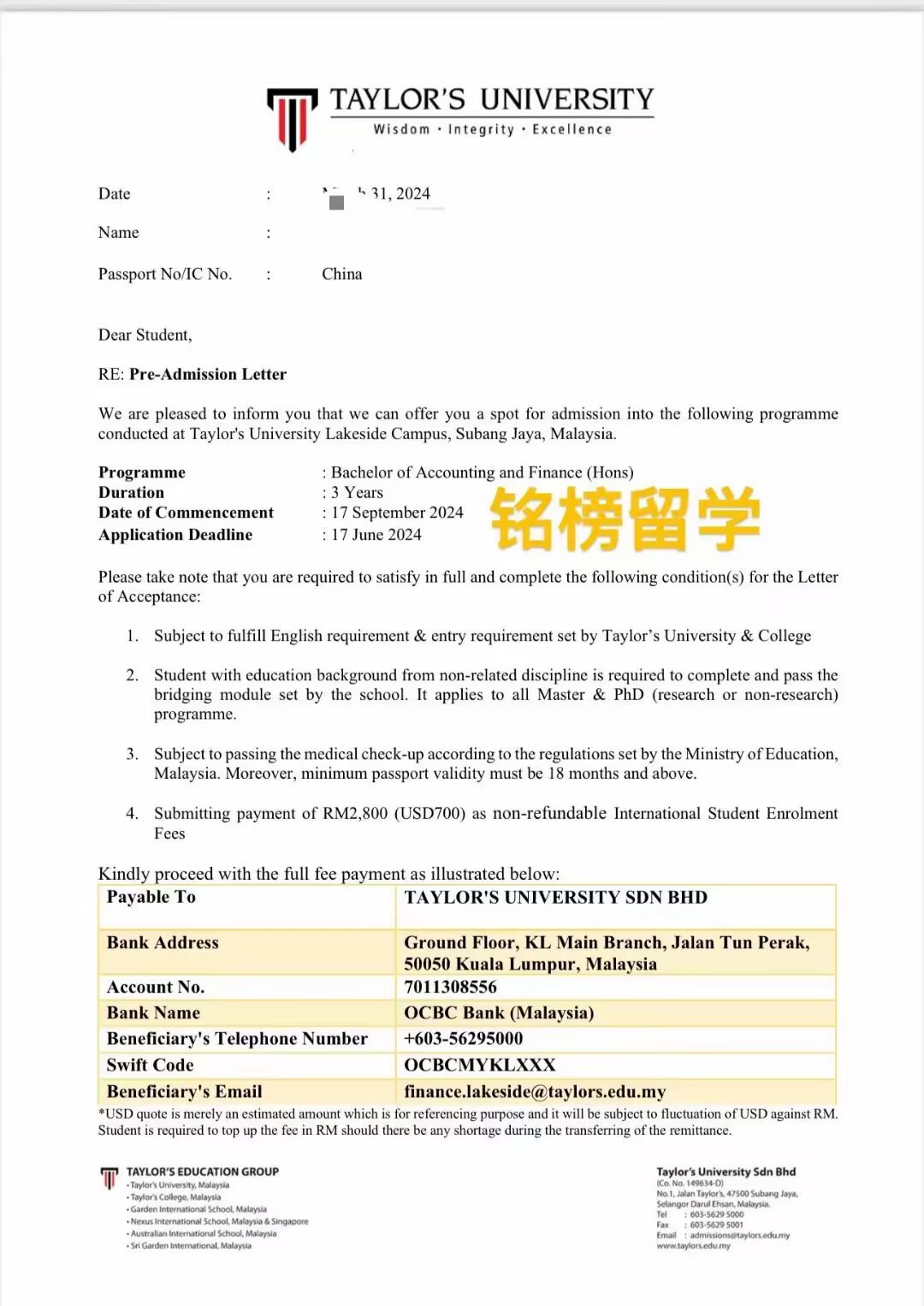 泰莱大学offer申请案例_https://www.mingbang-edu.com_案例分享_第1张